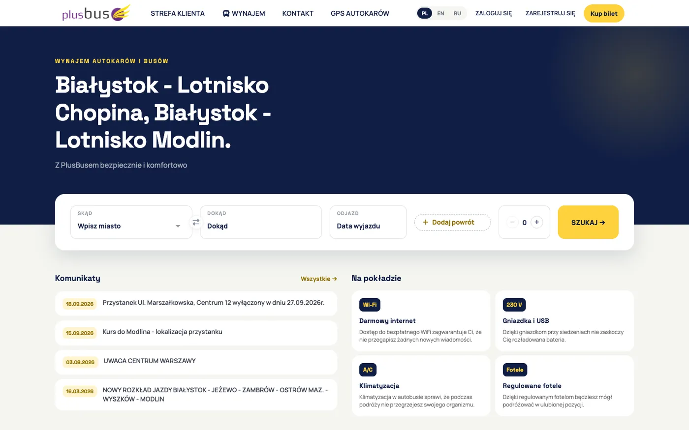 The plusbus.pl website with the journey search and ticket purchase