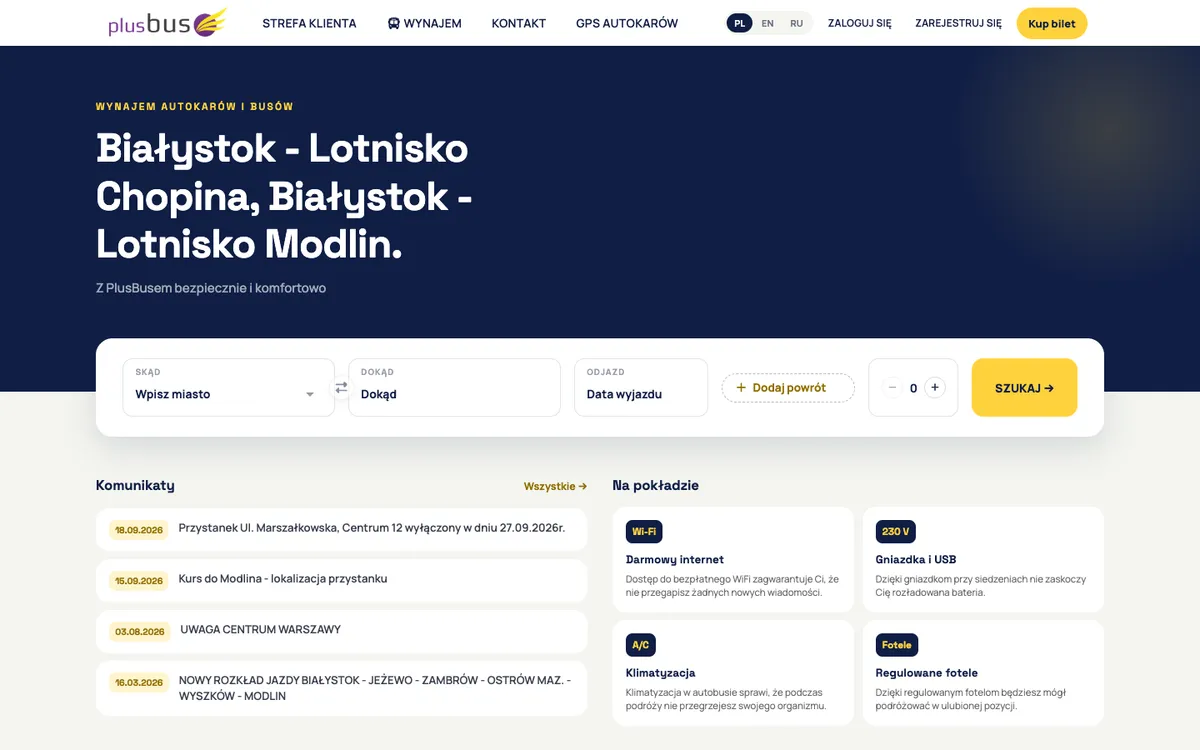 Strona plusbus.pl z wyszukiwarką połączeń i zakupem biletów